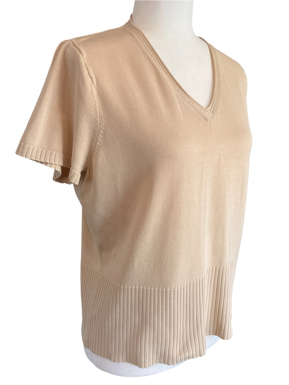 Vintage Liz Claiborne Silk Sweater Top Short Sleeve Neutral Beige Womens Large - Picture 3 of 6